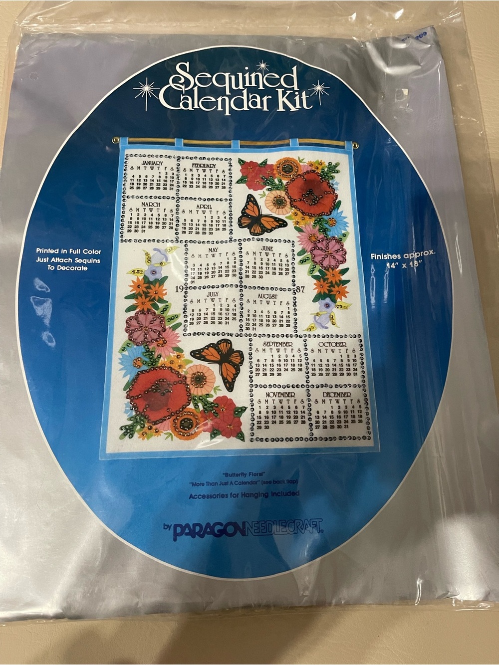 VintagePARAGON needlecraft Sequined Calendar Kit Floral & Butterfly Art 1987
